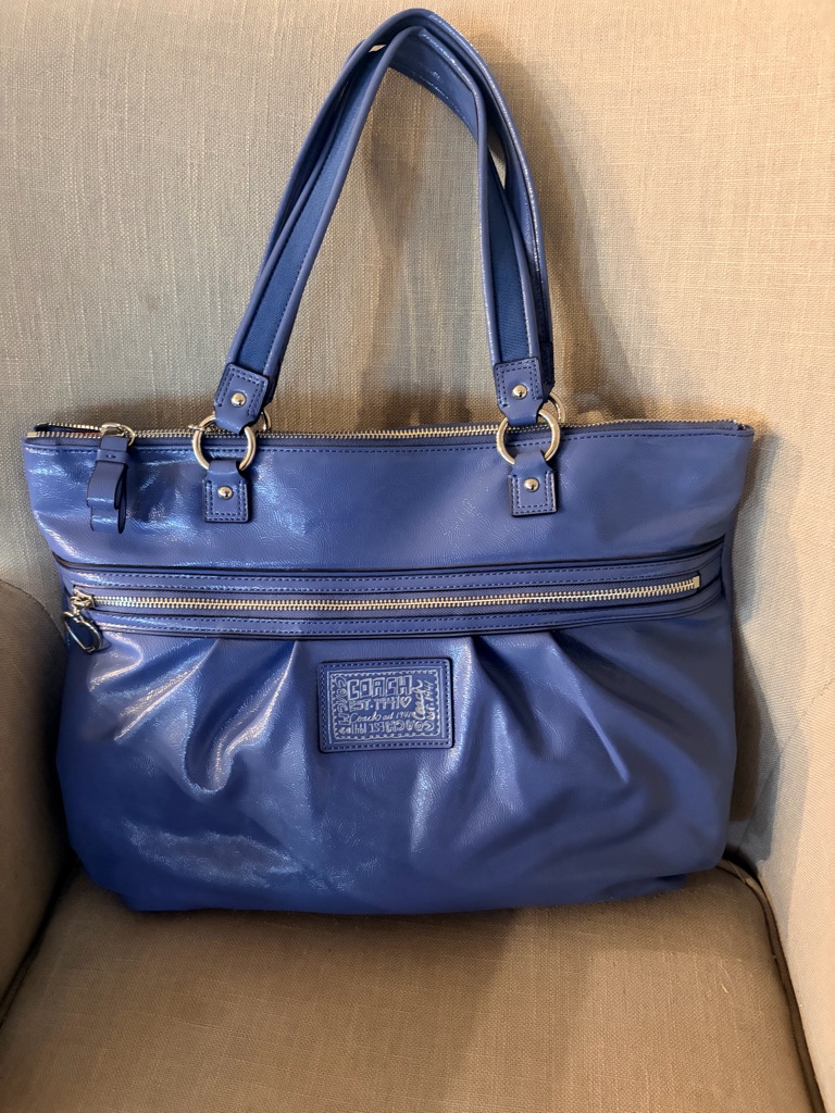 Coach Blue Leather Shoulder Tote With Zip Front Pocket